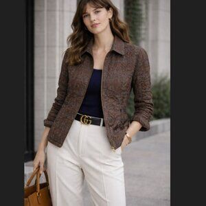 Samuel Dong Zip Front Jacket M Brown Blue Stitch Designer NWT Chic